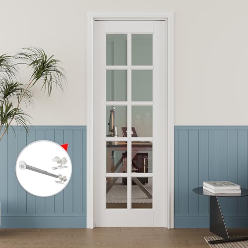Image of 24 inch x 80 inch 10-Lite Clear Glass Pocket Door, Soft-Close Sliding Pocket Door with Frame & Hardware Kit Set, Primed All-Inclusive Interior Door Slab for Home, White, Need to Assemble