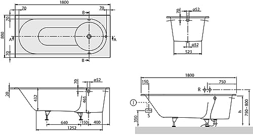 Villeroy en Boch badkuip Quaryl rechthoek Weegschaal Solo, UBQ180LIB2V, 1800x800mm, incl. badpoten, Kleur: wit-alpine - UBQ180LIB2V-01 - Afbeelding 3