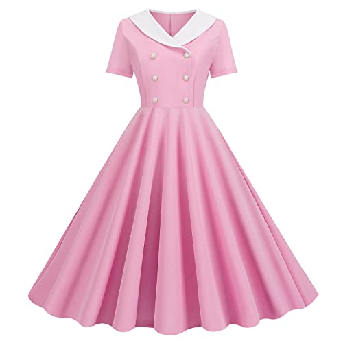 Robe d'été pour femme avec col en V manches courtes unie rose XXL