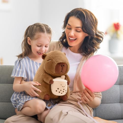 Image of Cute Capybara Plush with Boba - 13-inch Kawaii Capybara Stuffed Animal Pillow Soft Stuffed Plush Toy - Capybara Party Decoration, Kawaii Hugging Gifts for Kids