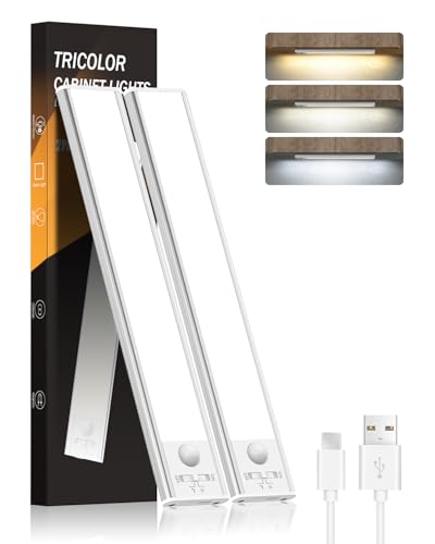 FLOWood Unterbauleuchte Küche Led, Schrankbeleuchtung mit Bewegungsmelder 24CM, 3 Farbmodi Dimmbar, 1500 mAh USB Aufladbar Led Lichtleiste für Schlafzimmer, Schrank, Kleiderschrank, 2 Stück