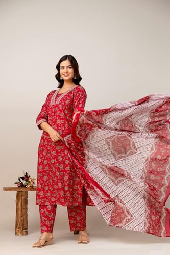 Image of PARTHVI|Women's Pure Cotton Printed with Handwork Kurta with Pants and Dupatta Set | Ethnic Set | Suit Set | Kurta Set | Wedding Suit Set