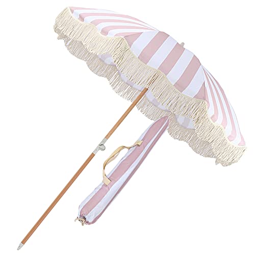 Parasol para piscina y patio redondo con rayas horizontales y flecos