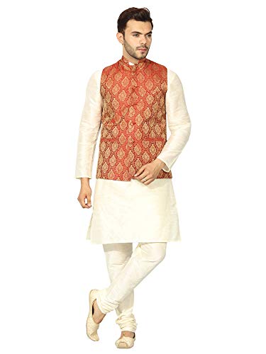 Image of Uri and MacKenzie Men's Silk Blend Regular Kurta Churidar Pyjama with Bundi Nehru Jacket /Waistcoat