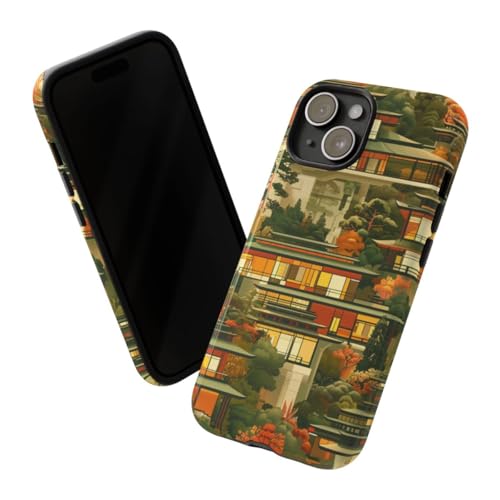 Coque iPhone 15 paysage d'automne et architecture moderne orange rigide