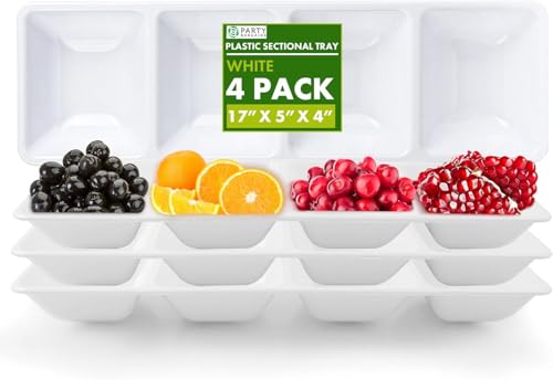Party Bargains Disposable Sectional Rectangular Serving Tray White [4 Pack] 5 x 16 Inches. 4 Compartments Plastic Serving Tray for Weddings, Buffets, Dinner, Birthday Parties