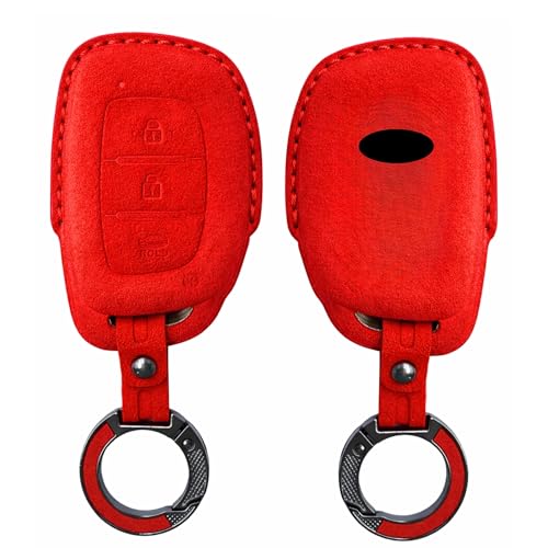 Image of KMH Alcantara Car Key Cover Compatible Hyundai Grand i10 NIOS Asta | Venue | i20 | Aura | Creta | Elantra 3 Button Shell Case Holder Full Key Smart Keycover with Keychain (D1) Red - Pack of 2