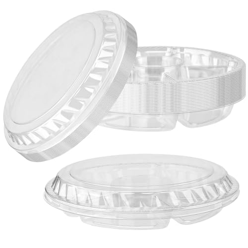 MOUYAT 20 Set 26.5cm 10.4 Inch Clear Round Plastic Snack Trays with Lid, Hold 1000g 6 Divided Compartments Appetizer Party Storage Container with Accessory, Serving Veggie Fruit Tray for Salad Candy