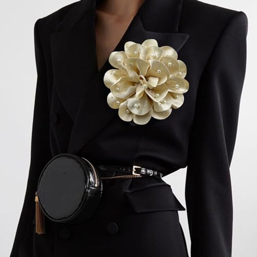 Image of Elegant Large Rose Flower Brooches Lapel Pins Handmade Dainty Satin Fabric Pearl Brooches Big Camellia Flower Brooch Pin for Women Wedding Part Dance Dress Suit Clothes Accessories Prom Jewelry