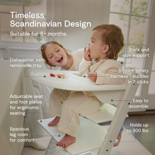 Image of Stokke Tripp Trapp High Chair White with White Tray Signature Edition Includes Chair + Tray + Baby Set with Removable Harness for Children 6-36 Months - Adjustable, Ergonomic & Easy to Clean