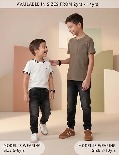 Image of Amazon Brand - Symbol Boys Cotton Rich Stretchable Slim Fit Jogger Jeans | Elasticated Waistband and Cuff | Casual Denim | Age 2-14 Years
