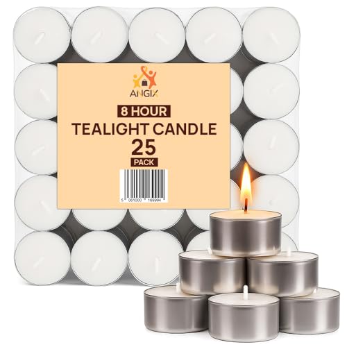 ANGIX 25 Pack 8-Hour Unscented Tea Light Candles, Long-Lasting & Reliable Tea Lights - White 8hr Candle Tealights for Everyday Use, Weddings, Christmas Gifts, Parties, Spa, Home Decor & Events