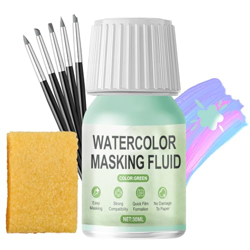 WANJAO Masking Fluid for Watercolor Painting, Watercolor Masking Fluid with Silicone Pens Brush for Painting Fast Drying Easy Peel Use to Art Watercolor Supplies Retouching Covering, 30ml Green