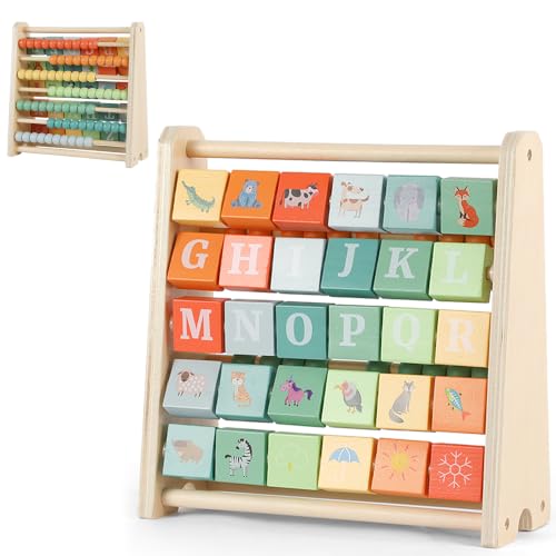 WoddyGo Holz-Abakus für Kinder – Doppelseitiges Montessori Lernspielzeug mit Alphabet, 70 Perlen & 30 Tier-Buchstabenplättchen, Motorikspielzeug für Kleinkinder ab 18 Monaten