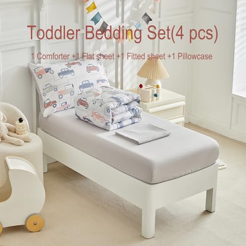 Image of JHXHMX Car Toddler Bedding Set for Boys,4 Piece Bed-in-a-Bag Toddler Comforter Set,Soft Crib Bed Set Including Comforter,Flat Sheet,Fitted Sheet and Pillowcase-Gray