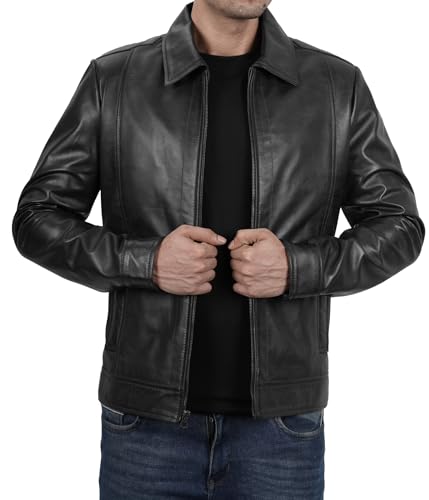 Image of Blingsoul Vintage Distressed Leather Jacket for Men - Shirt Collar Genuine Lambskin Mens Leather Jacket