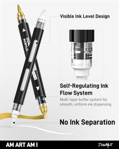 Image of JusArt 6 White & Gold Acrylic Paint Markers, Dual Tip Markers for Drawing | Automatic Ink Control, Waterproof Paint Pen for Rock, Wood, Glass, Fabric, Canvas, DIY Crafts, Classroom & School Supplies