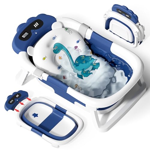 Image of AVIDOR Baby Bathtub,Collapsible Bathtub for Newborn to Toddler,Durable Essential Infant Bath Tub,Portable Travel Baby Tub with Soft Bath Net,No-Slip Feet and Dinosaur Shaped (Navy Blue)