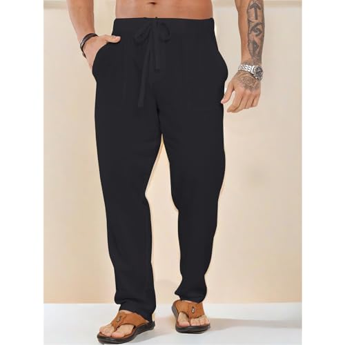 Mens Linen Palazzo Pants, Drawstring Flowy, for Beach, Yoga Travel, Wide Leg with Pockets2