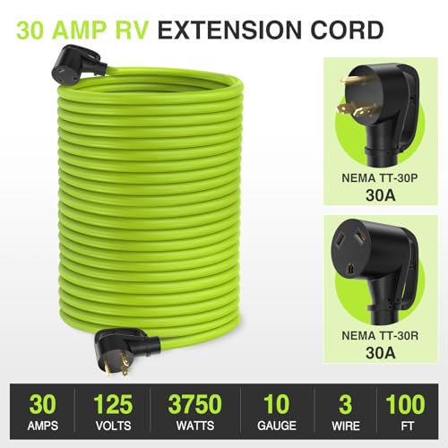 Image of Nilight 100FT 30 Amp RV Extension Cord 125V Heavy Duty 10 /3 Gauge Pure Copper STW Wire UL ETL Listed 3 Prong TT-30P TT-30R Weatherproof Suit for Camper Caravan Trailer Bright Green