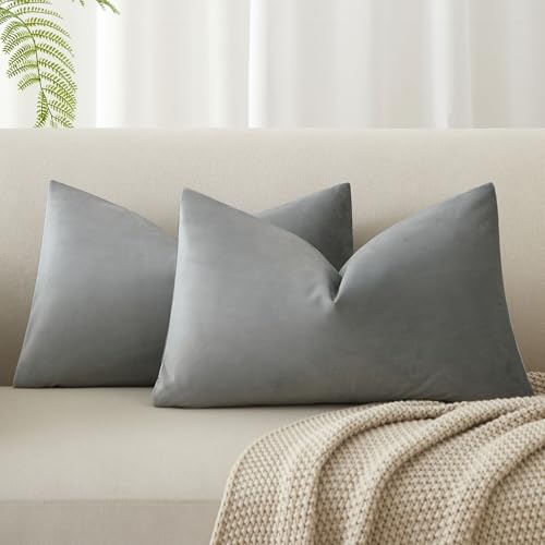 Image of JUSPURBET 12x20 Decorative Velvet Lumbar Throw Pillow Covers Set of 2,Grey | Modern Soft Cushion Covers with Hidden Zipper for Couch Sofa Bed Living Room Bedroom Home Decor
