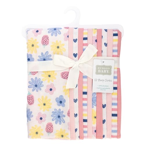 Image of Hudson Baby Infant Girls Cotton Flannel Burp Cloths 12-Pack Bundle, Flowers And Strawberries, One Size