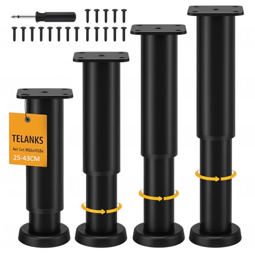 Preisvergleich Produktbild TELANKS 4er Set Möbelfüße Höhenverstellbar, Möbelfüße Verstellbar 25-43cm, Schwarz Metall Möbelbeine, Verstellbare Füße für Möbel Sofa Bett Nachttisch Schrank Kabinett