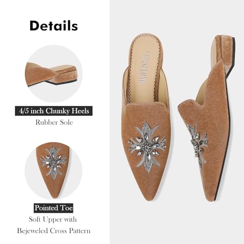 Embroidered Mules for Women Pointed Toe Bejeweled Backless Velvet Flats Slides with Cruciate Flower Pattern4