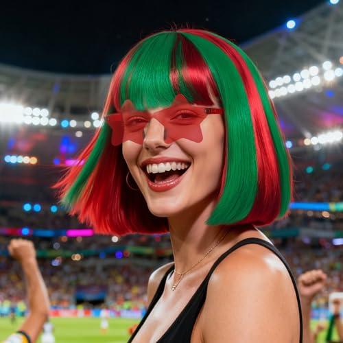 Image of ANOGOL Hair Cap + (Sunglasses) Green Red Bob Wig with Bangs Womens Green Red Party Wigs with Sunglasses Short Neon Wig Fun Wigs Halloween Costume Christmas Hair Sports Event St Patrick Day