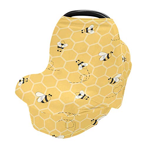 Image of YYZZH Cute Bee On Honey Yellow Honeycomb Pattern Stretchy Baby Car Seat Cover Infant Canopy Nursing Covers Breastfeeding Cover Breathable Windproof Winter Scarf for Boys Girls