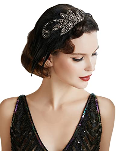 BABEYOND Diadema vintage dos anos 20, capacete dos anos 20, diadema com contas de penas, diadema de vidro, acessório para disfarce de gatsby, acessórios dos anos 20