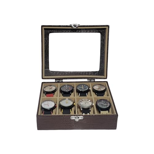 Estojo Para 8 Relógios Com Vidro Marrom Com Interno Aveludado Bege Caixa Maleta Porta Relógio