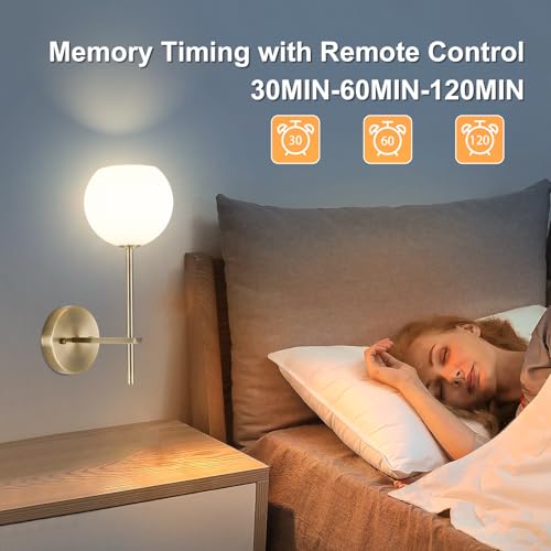 Image of Brass Battery Operated Wall Sconces Set of 2, Rechargeable Wireless Wall Lights with Milky White Frosted Glass, 12 RGB and 3CCT Dimmable, Wall Lamps with Remote for Bedroom Living Room Hallway