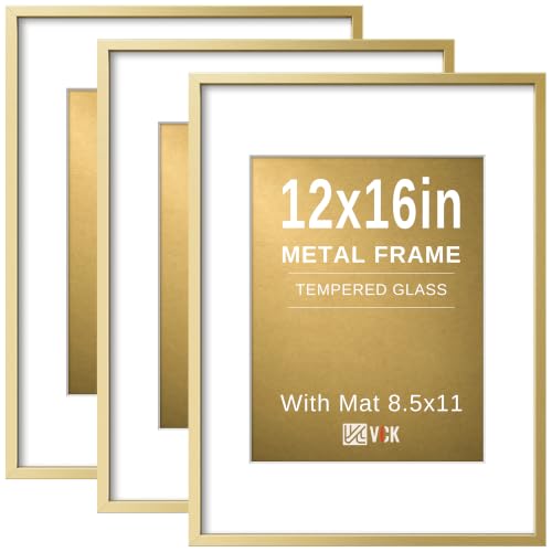 Image of VCK 12x16 Frame Gold Metal, Real Glass, 8.5x11 Mat, 3 Pack, for Picture