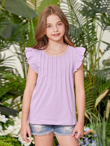Girls Summer Pleated Front Shirts Flutter Sleeve Crew Neck Shirred Solid Casual Loose Fit Tops 6-14 Years2