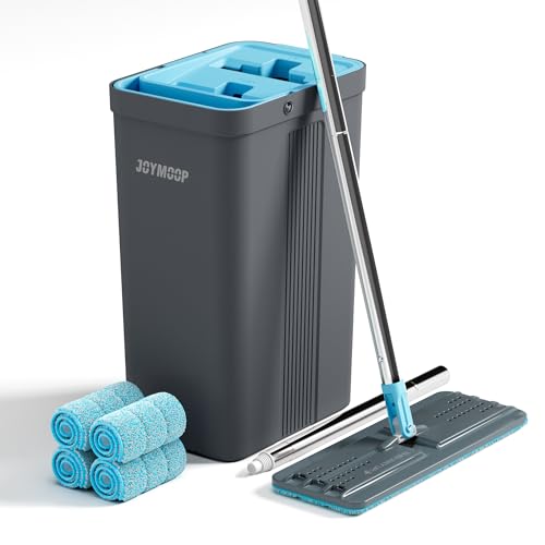 JOYMOOP Mop and Bucket Set Mops for Floor Cleaning Wall Mop Cleaner with Long Handle with 4 Reusable Microfiber Mop Pads - Grey+Cyan Blue