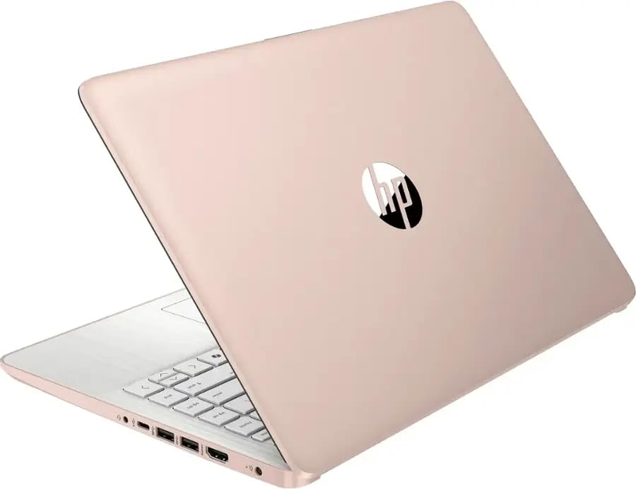 Image of HP 14 inch Business Laptop Computer with Microsoft Office 365, 4-Core Intel Processor, 128GB Storage, 4GB RAM, Windows 11, SageNova Earphones, Pale Rose Gold