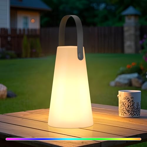FUYO Outdoor Tischlampe Kabellos Dimmbare LED Akku Tischlampe mit warmweiß 8 Farben Fernbedienung Farbwechsel für Garten Schlafzimmer Aussen BBQ...