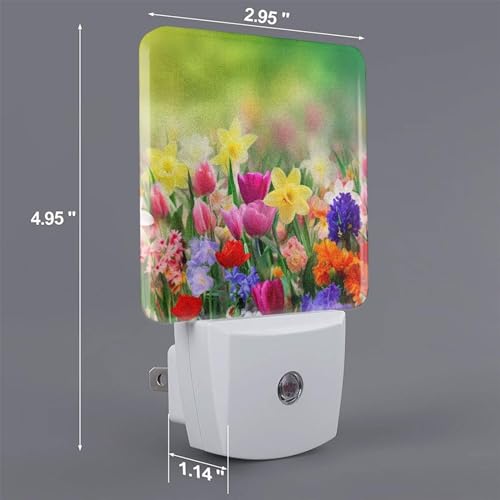 Image of Summer Colorful Flowers Night Light Set of 2, Spring Floral Auto Sensor LED Dusk-to-Dawn Nightlights, Plug-in Sensor Lamp for Bedroom Bathroom Kitchen Hallway Stairs Decorative