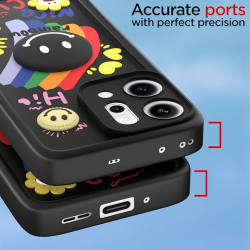 Image of Pikkme Back Cover for Oppo Reno 14 Pro 5G | Soft Silicone| Cute Rainbow Smile & 3D Cartoon Flower Design | Shockproof Raised Camera Protection Bumper Case (Black)