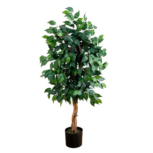 Nearly Natural 4ft Triple Trunk Artificial Ficus Tree with Natural Wood Trunks, Fake Tree for Indoor Home Décor, Faux Ficus Tree with Black Nursery Pot