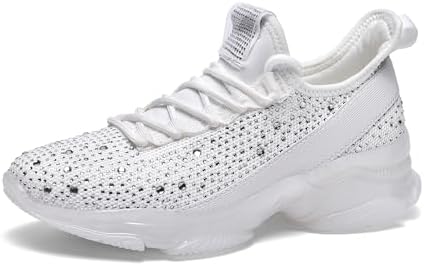 LUCKY STEP Women’s Rhinestone Mesh Slip On Walking Shoes Fashion Breathable Spakle Glitter Sneaker