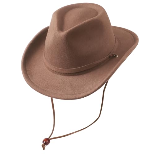 DRESHOW Cowboyhut Kinder Jungen Mädchen Fedora Hut Western mit Schnalle Gürtel Retro Panama Hüte mit Wind Lanyard Unisex Aufgerollte Mützen 4-12 Jahre