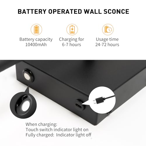 Image of Battery Operated Wall Sconces Set of Two Wireless with Remote Control,350Rotate,3000K-6000K Black Modern LED Rechargeable Indoor Wall Lights for Living Room,Bedroom,Stairs,27.5 Inch (2 Pack)