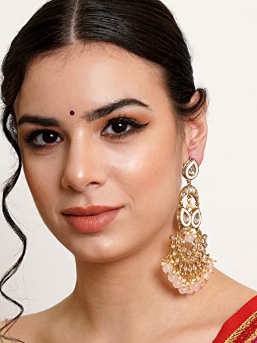 Image of Karatcart Gold Plated Pink Meena Lotus Design Kundan Dangler Earrings for Women (color may slightly vary due to photographic effect)