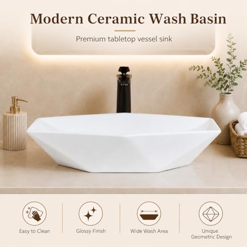 Image of QUALITO White Table Top Wash Basin for Bathroom, Living Room, Hall, Dinning Room | Countertop /Over Counter Ceramic Vessel Sink /Basin | Glossy Finish Table Top Wash Basin (Diamond)