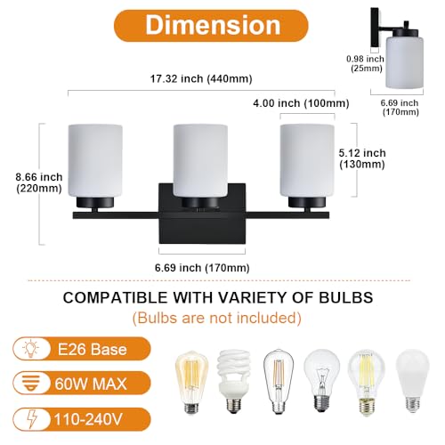 Image of Black Bathroom Vanity Light,3-Light Modern Wall Sconce Lighting with Milky White Frosted Glass Shades Bath Vintage Wall Mounted Lamps for Mirror, Living Room
