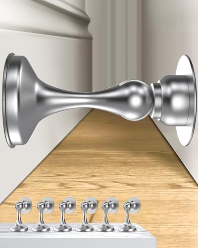 Image of Crosize Magnetic Door Stoppers 6 Pack, Stainless Steel Door Stops for Wall and Floor Mounting, Door Holder Keep Door Open, No Drilling Door Stop with 3D Adhesive Tapes, Silver
