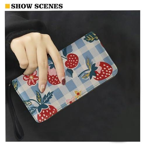 Plaid Strawberry Women Wallet with Grip Hand Strap Lightweight Funny Print Long Purse Clutch for Women Pu Leather Large Capacity Ladies Wristlet Wallet2