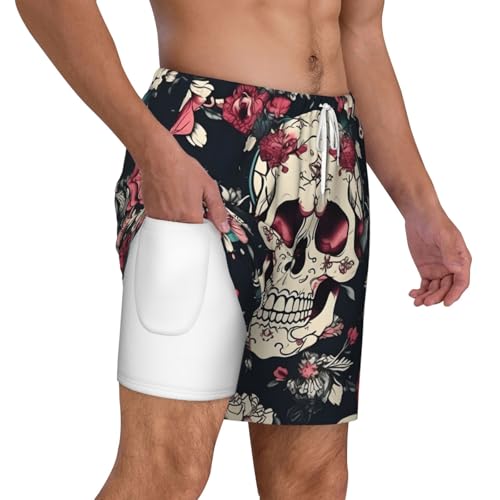 Flowers Skull Ornamental Pattern Men's Soft Double Swim Shorts, Lounge Swiming Shorts Pants Breathable Summer3